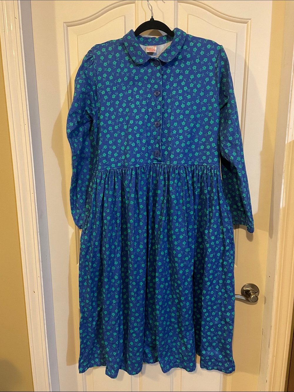 Vintage Denim Blue Midi Dress with Green Floral Print